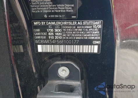 2006 Mercedes-Benz Slk 280 from USA, damaged, VIN WDBWK54F56F100177